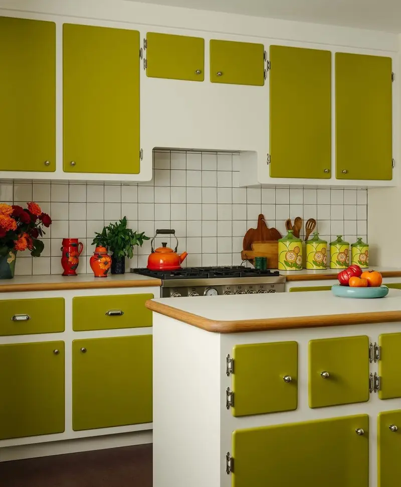 l3x8mqc7 copia Cocina de años 70 con isla carectirizado con puertas color verde oliba y encimera blanca con terminación de liston de madera