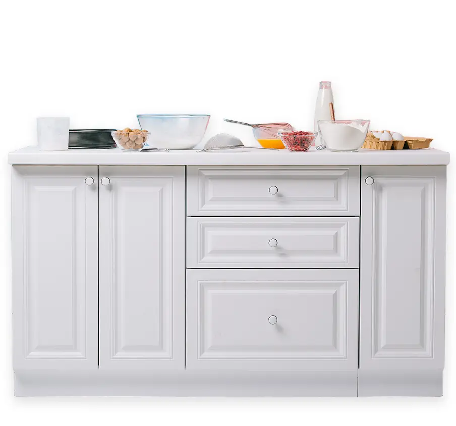 mueble de cocina blanco con fruta harina y ingredientes para desayuno sobre el-- 750x700x1